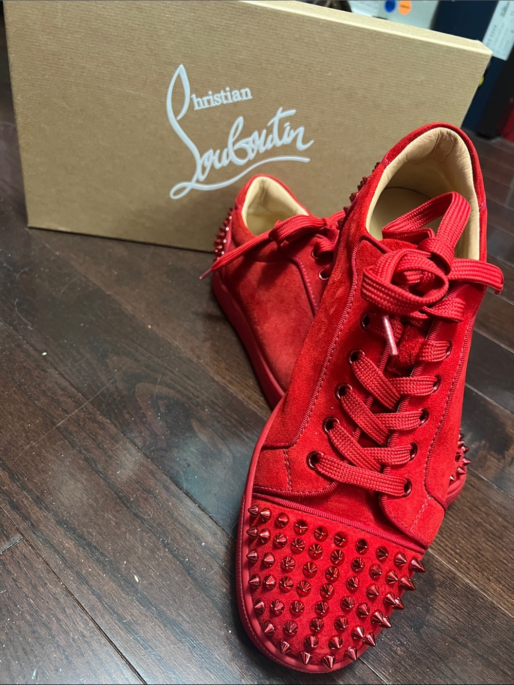 Christian Louboutin Red Suede Spike-Stud Lace-Up Sneakers
